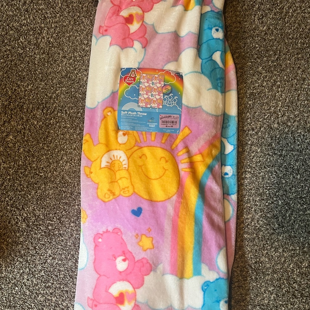 Care Bears Rainbow Plush Blanket with Pink, Blue, and Yellow